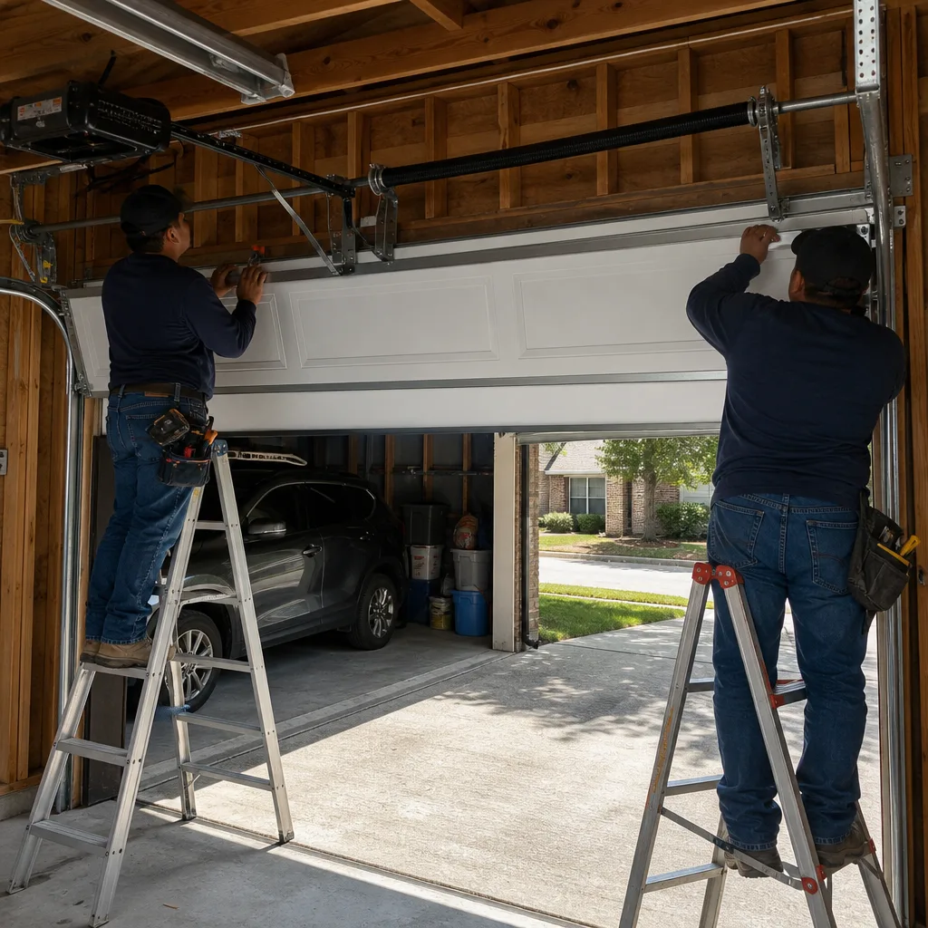 Two technicians professionally installing a new white residential garage door