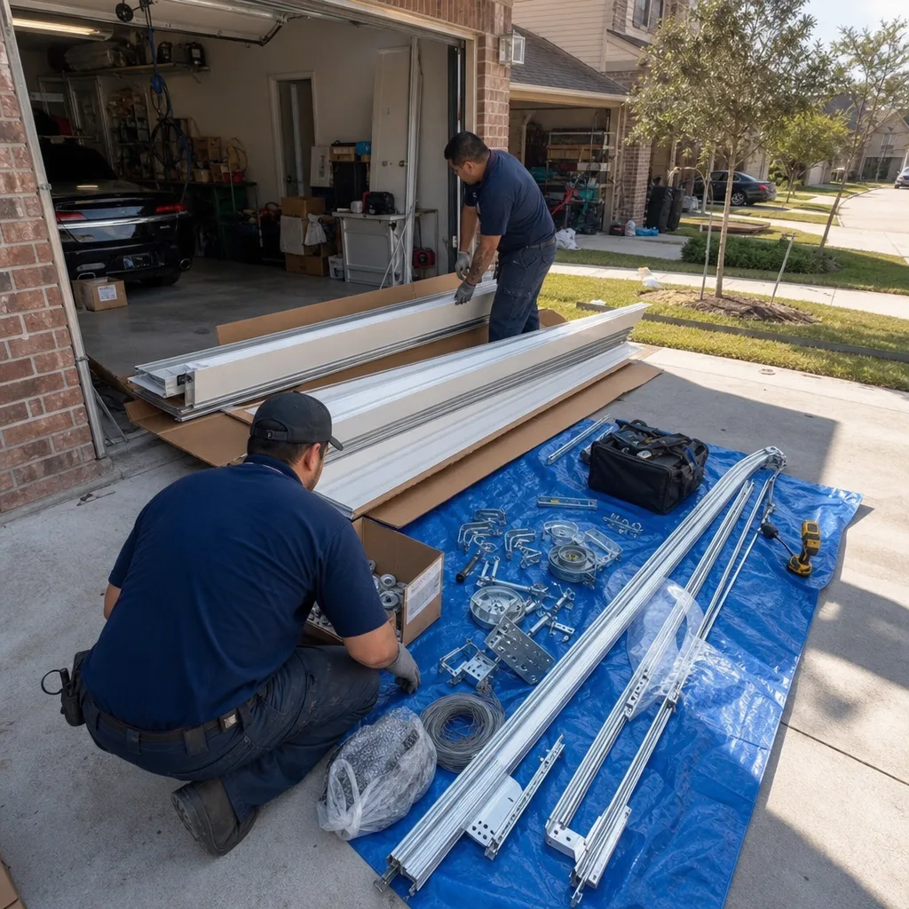 Two technicians preparing parts and panels for garage door installation
