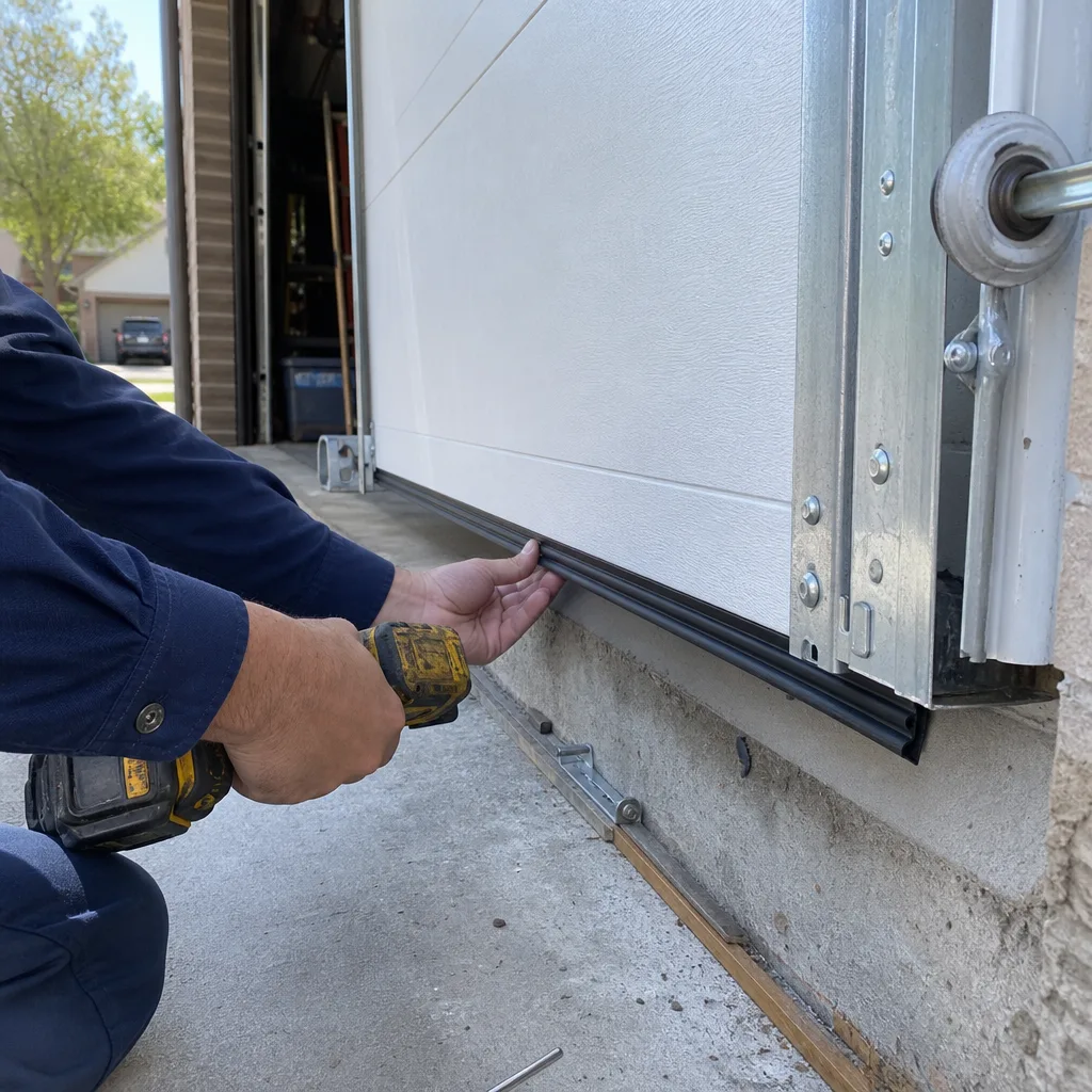 Technician installing a new weather seal on a garage door