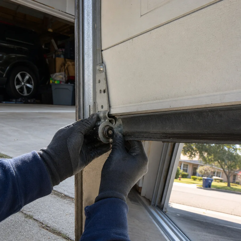Technician performing professional garage door roller maintenance and repair