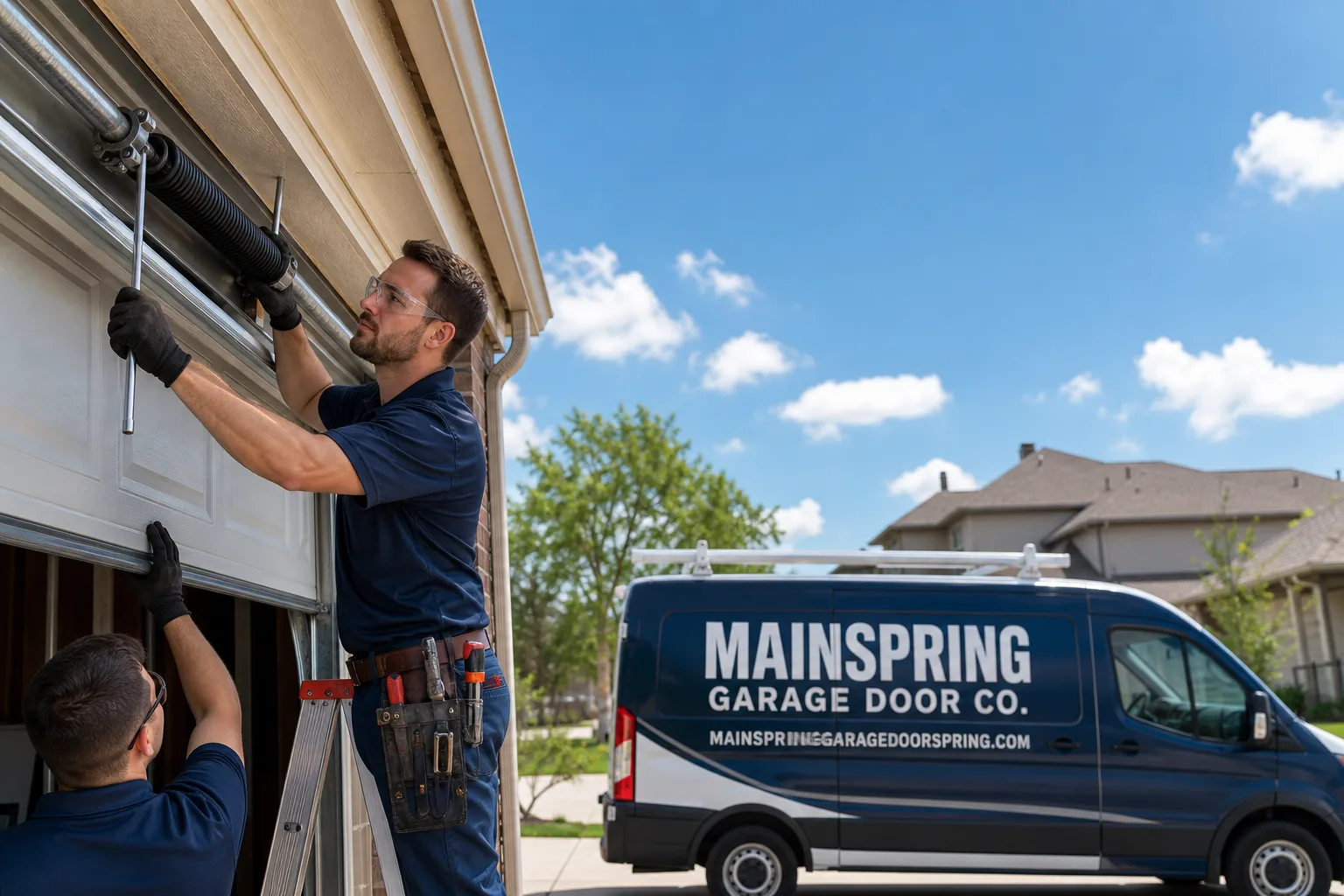 Mainspring Garage Door Co. garage door service vehicle and crew in Spring, TX